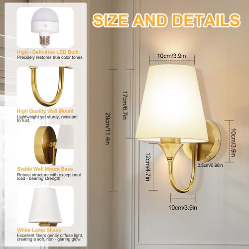 Battery Operated Wall Sconces Set of 2, Wireless Dimmable LED Wall Lights with Rechargeable 15 Colors Bulb & Remote, Timer & Flash/Smooth Light Mode, Bedroom Living Room Hallway Staircase Gold