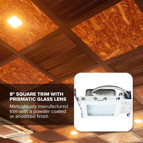 ELCO Lighting 8" Square Trim with Prismatic Glass Lens, Recessed Ceiling Light Cover, 42W, E26 Base, White Finish