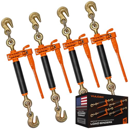VULCAN Folding Handle Load Binder (Four Pack) with 2 Grab Hooks - Ratchet Style - 7100 Pound Safe Working Load (Works with 5/16 Inch or 3/8 Inch Grade 70 and Grade 80 Chain)