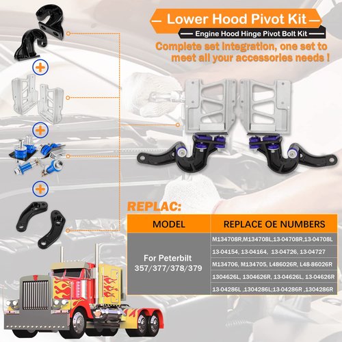 M134708R M134708L for Peterbilt Lower Hood Pivot Kit & Pivot Bolt Kit & Hinge Hood Upper Pivot Bracket Kit Fit for Peterbilt377 378 379 Replac:13-04708R 13-04708L 13-04154 13-04164 13-04286L13-04286R