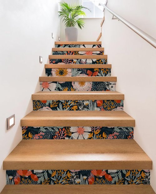 HAOKHOME Boho Peel and Stick Wallpaper Floral Wall Paper Removable for Bedroom Navy/Pink/Orange Contact Paper 17.7in x 9.8ft