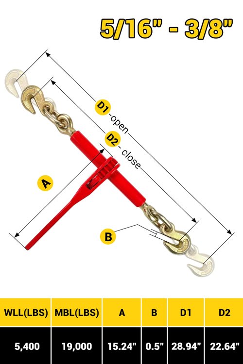2 Pack Ratchet Chain Binders 5/16'' - 3/8'' | Load Binder with 2 Grab Hooks | Tie Downs for Grade 70 Transport Chain | 6000 Lbs. Safe Working Load- Heavy Duty Ratchet Binders for Towing