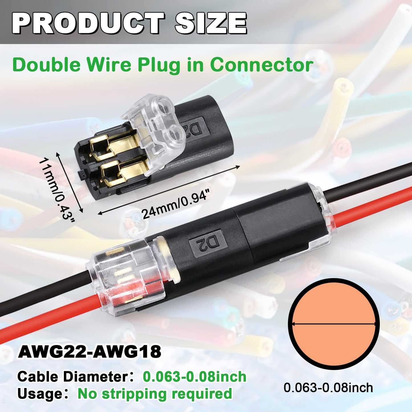 20Pcs Double Wire Plug in Connector, LED Light Strip Low Voltage Connectors 2 Pin with Locking Buckle - Quick Connect, No Wire Stripping Cutting