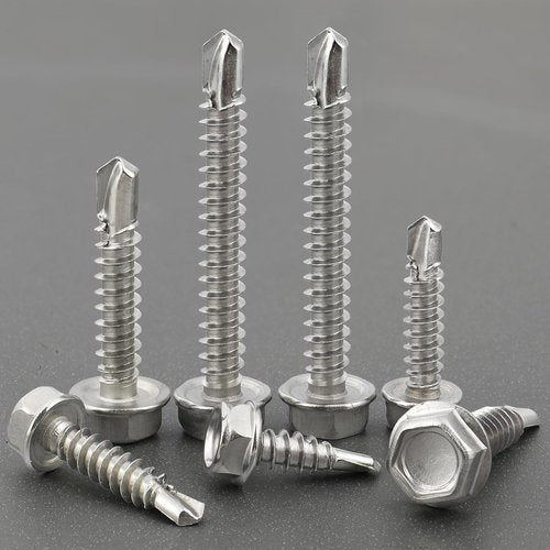 VGBUY 150Pcs Self Drilling Screws Assortment Kit, 410 Stainless Steel Self Tapping Sheet Metal TEK Screws, #8 1/2" 3/4" #10 1" 1-1/2", Hex Washer Head