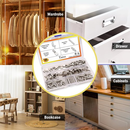 Taiss 120PCS Shelf Pins Kit 4 Styles,Nickel Plated Shelf Support Pegs,Shelf Bracket Pegs,Bookshelf Pegs,Shelf Holders pegs,Kitchen Cabinet Shelf pegs for Shelves Kitchen Furniture and Closet