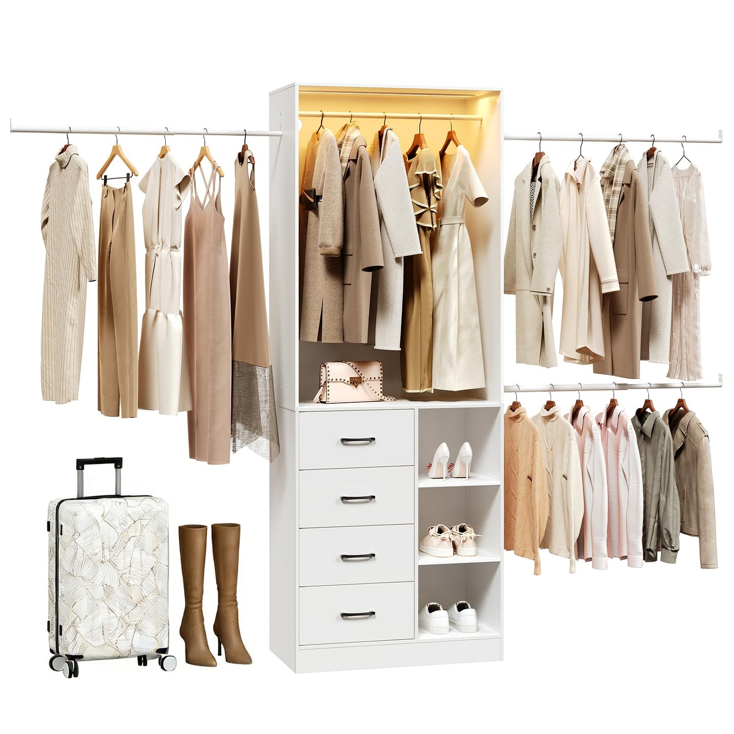 HOOBRO Closet System with 3 Extendable Rods, 6 to 9FT Closet Organizer with 4 Drawers, LED Light Strip, Built in Closet Organizer System, Adjustable Cloth Garment Rack for Cloakroom, White