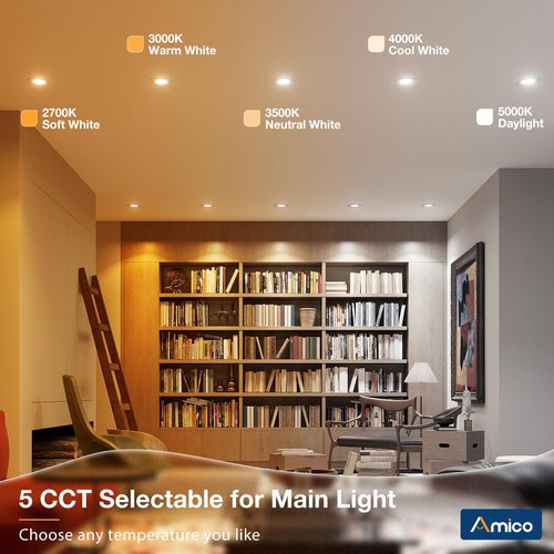 Amico 12 Pack 6 inch 5CCT LED Recessed Lighting with Night Light, 12.5W=100W, 1000LM Can Lights with Baffle Trim, Dimmable, Retrofit Downlight, 2700K/3000K/3500K/4000K/5000K Selectable - ETL & FCC