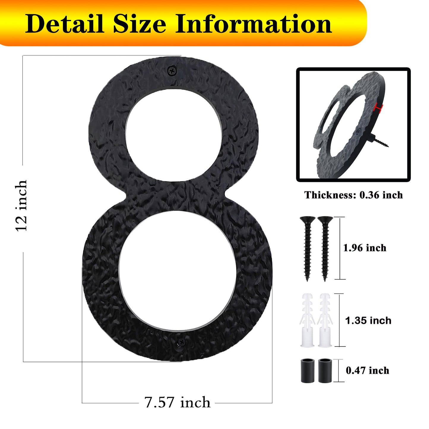 TripDock 12 Inch High House Numbers for Outside - Anti-Fading & Weather Resistant - Black Acrylic Building Home Address Numbers - Flush or Floating Mount/Number 8