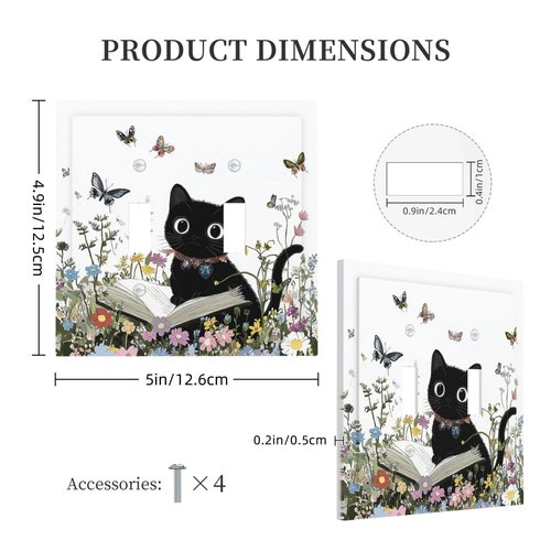 Donecmminery Decorative Switch Plates Cute Cat Wildflowers Boho Flowers Floral 2 Gang Double Toggle Outlet Light Switch Cover Wall Plate Electrical Faceplate For Nursery Kids Room Decor