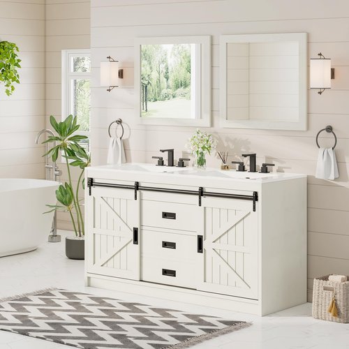 AMERLIFE 61" Farmhouse Double Bathroom Vanity with Sink Combo, Dual Basin Bathroom Storage Cabinet with Sliding Barn Doors & Drawers, Large Double Bath Vanity Sink Set, Rustic White