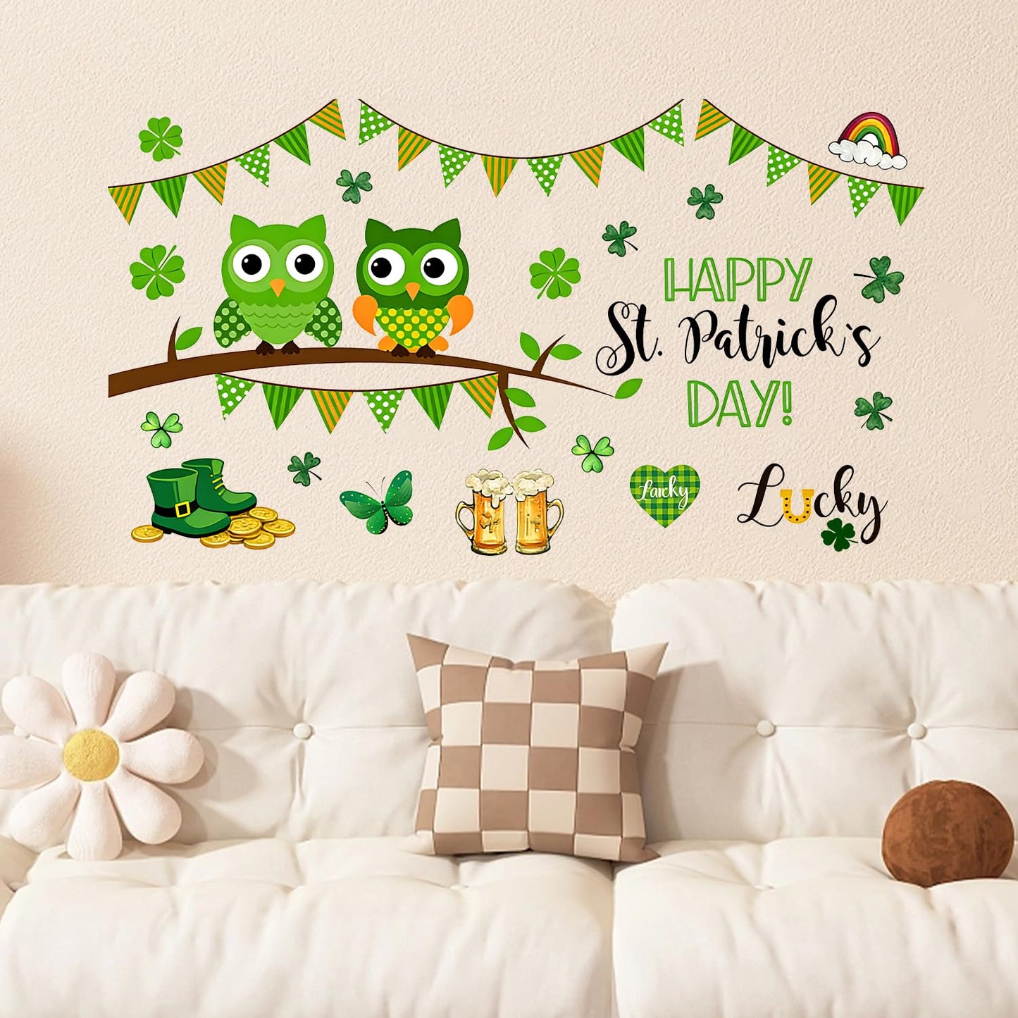 FOREVER QUEEN St. Patrick's Home Party Wall Decals -Shamrock Lucky Owl Stickers,Peel and Stick Removable Wall Art for Family Party Decor