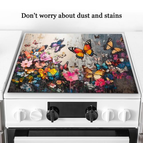 Stove Top Covers For Electric Stove,Colorful Butterflies Among Flowers Stove Mat For Glass Cooktop Protector,Extra Large Oven Range Top Cover 28X20In