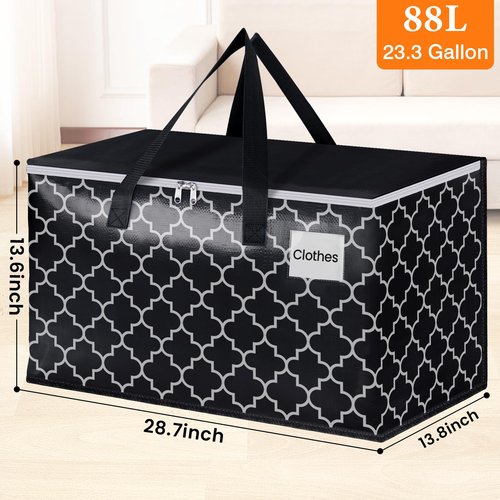 HomeHacks Heavy Duty Moving Bags with Tag Pockets, Collapsible Storage Totes for Moving, Camping & Travel -Foldable Packing Boxes, Zipper Handles, Black（6 Packs, 88L）