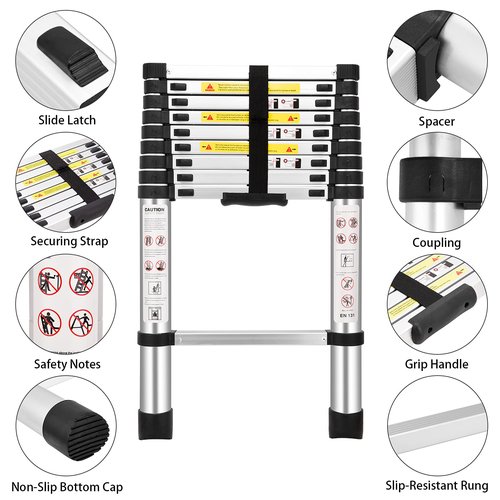 (8.5Ft/2.6M) Telescoping Ladders，EN131Standards Multi-Purpose Folding Aluminum Extension Ladder