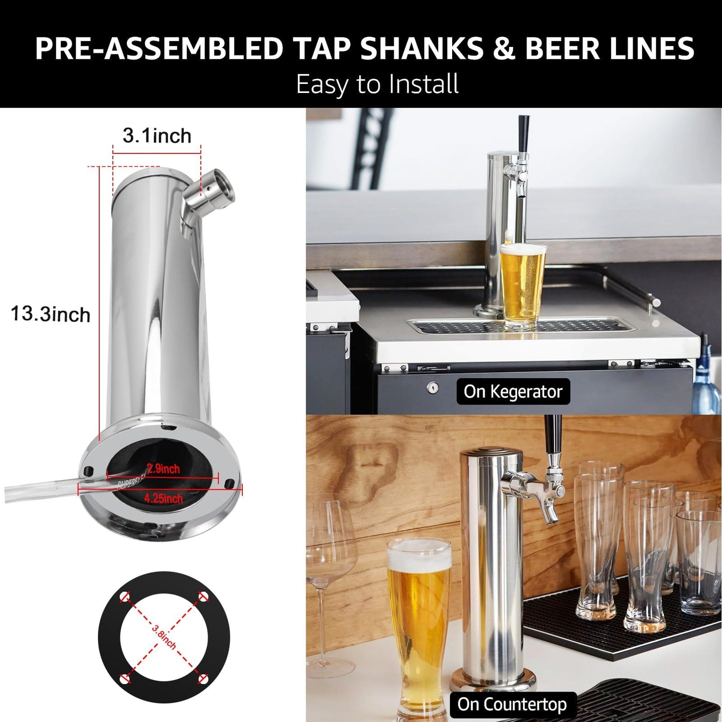 Hilangsan Single Beer Tap Tower Draft Beer Tower Kegerator Tower Stainless Steel Keg Tower Kegerator Parts Kegerator Kit Stainless Core Beer Faucet Pre-assembled Beer Line 3" Beer Tower Dispenser