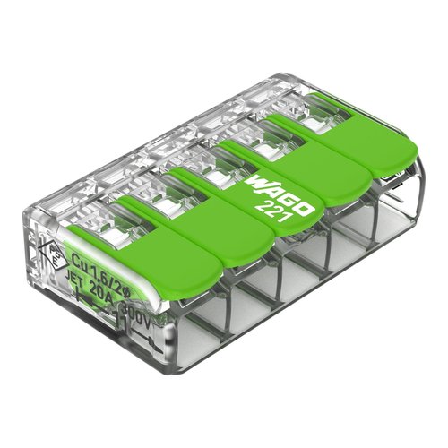WAGO 221-425 |Splicing Connector Green Range | for Solid, Stranded and fine-Stranded Conductors | 5-Conductor with levers | 24-12 AWG | Transparent housing | [25 Pieces]
