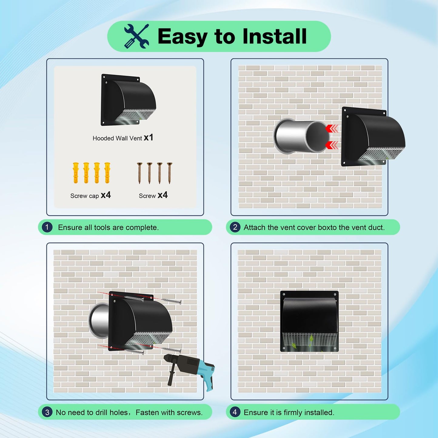 8 Inch Galvanized Steel Hooded Wall Vent,Arc-Shaped Outdoor Wall Vent Cap with Mesh Cover and Damper for Kitchen, Bathroom, Laundry, Garage Ventilation and Exhaust (Black)
