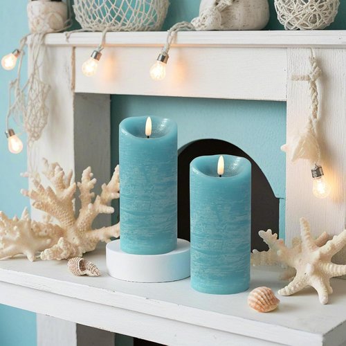 SUNSET HOME Battery Operated Ocean Blue Candles - Real Wax LED Pillar Candles with Remote Timer, Flickering Flameless for Summer Beach Decor, Coastal Wedding & 4th of July