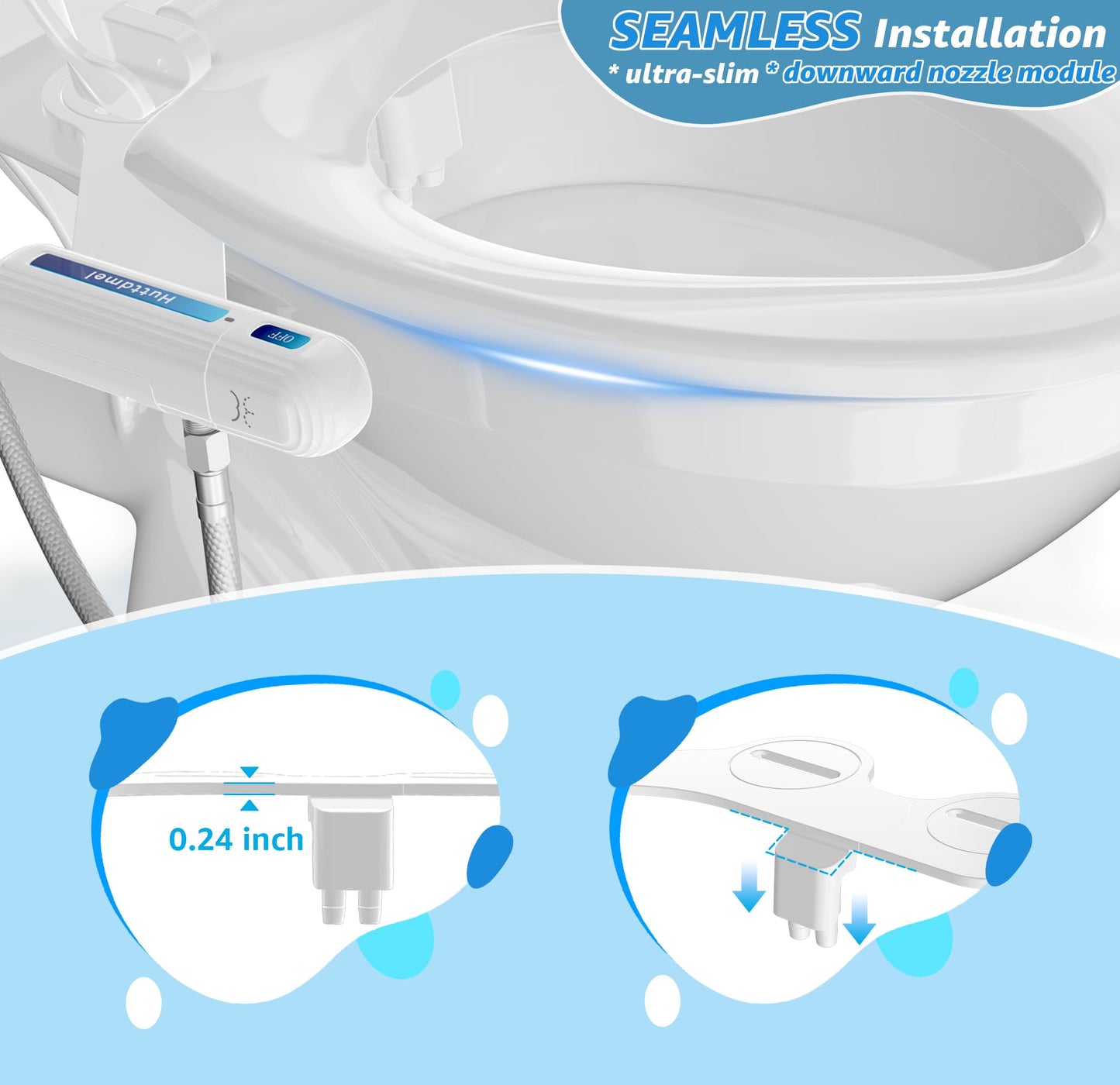 Huttdmel Ultra-Slim Bidet Attachment for Toilet, Non-Electric Dual Nozzle (Rear & Feminine Wash), Adjustable Fresh Cold Water Pressure, Stainless Steel Inlet, Easy to Install(Blue & White)