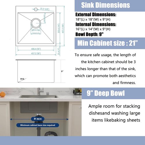 18x18 Inch Bar Sink Drop In Kitchen Sink, Topmount Stainless Steel Square Small Workstation Sinks, Single Bowl Kitchen Sinks for Laundry Wet Bar Prep RV Office Outdoor Yard