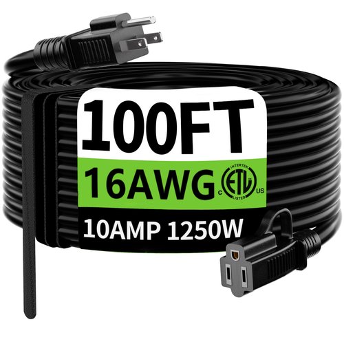 HUANCHAIN Indoor Outdoor Black Extension Cord 100 ft Waterproof, 16/3 Gauge Flexible Cold-Resistant Appliance Extension Cord Outside, 10A 1250W 16AWG SJTW, 3 Prong Heavy Duty Electric Cable, ETL