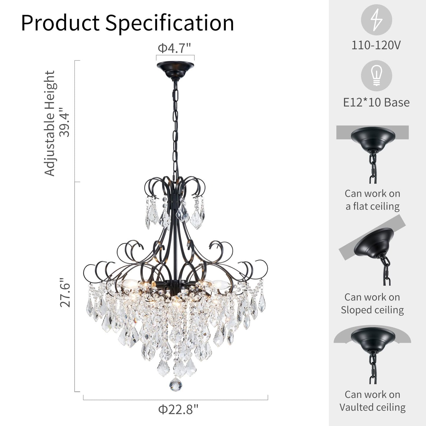 WUZUPS Crystal Chandelier 10-Light Pendant Ceiling Light Modern Lighting Fixture for Dining Room Hallway Bedroom Kitchen Bathroom, H 27.6" x W 22.8", E12 Base, Black