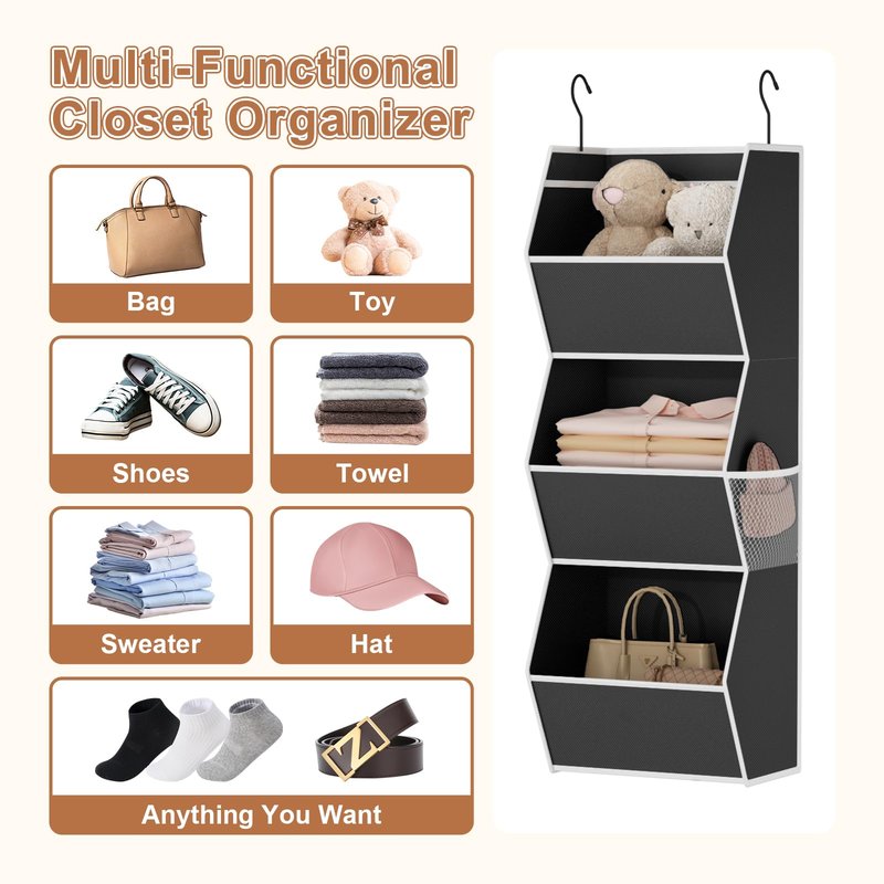 Hanging Closet Organizer 3 Shelf Collapsible Bedroom Closet Organizers and Storage Hanging with Mesh Pocket for Clothes, Closet Hanging Organizers and Storage for Fabric Wardrobe Space Saver, Black