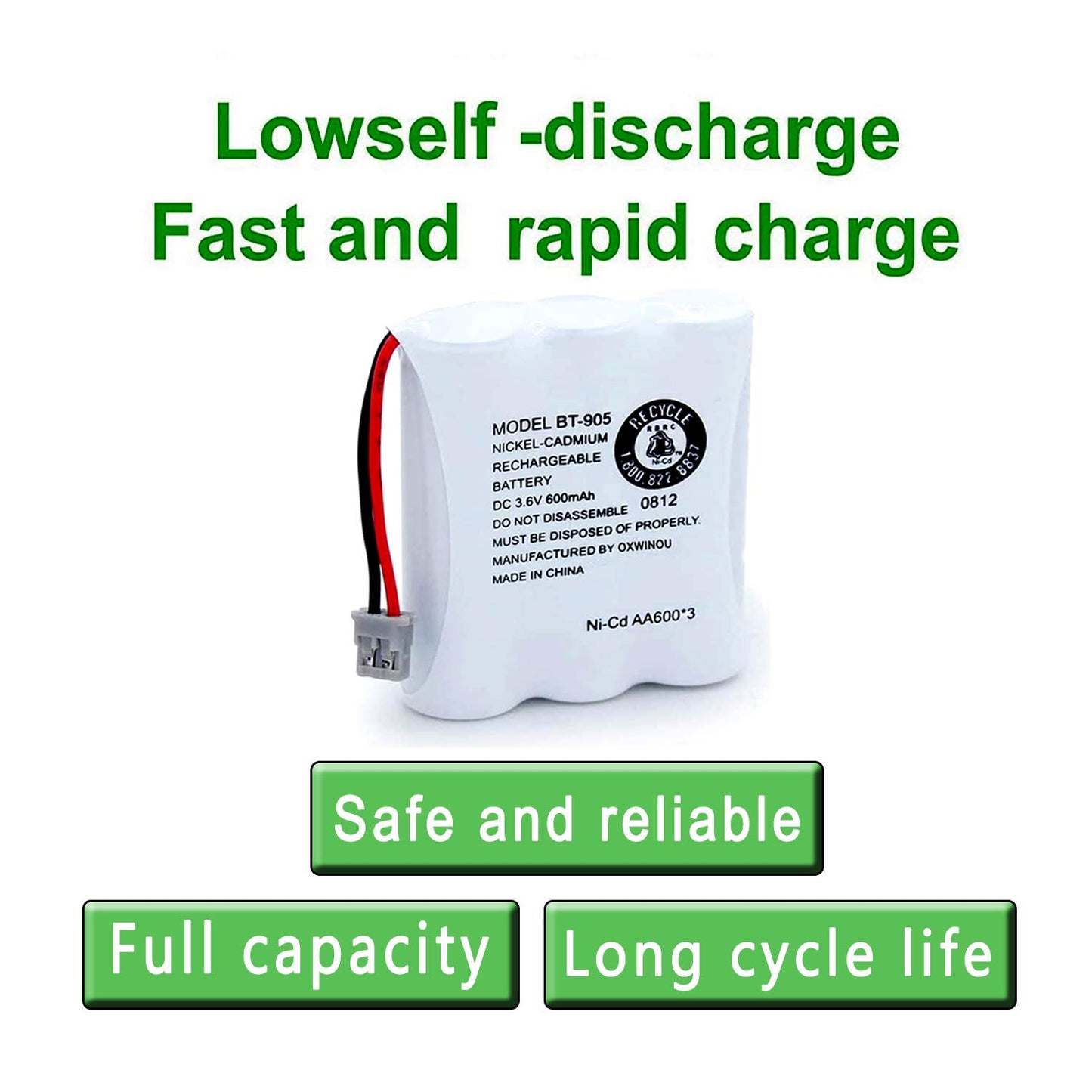 OXWINOU BT-905 BT905 Rechargeable Cordless Handset Phone Battery Compatible with for BBTY0663001 BBTY-0444001 BP-800 BP-905 BT-1006 3.6v 600mAh Ni-CD (2-Pack BT905)