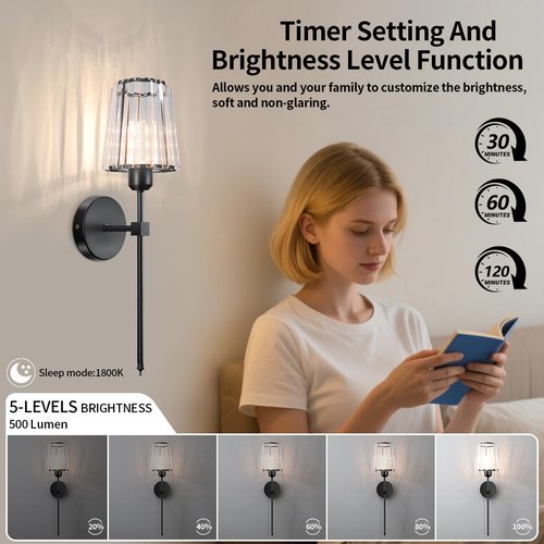 FNHMSL Battery Operated Crystal Wall Sconces Set of Two, Black Wireless Wall Lamp with Crystal Shades, Rechargeable LED Bulbs, 12-Colors Dimmable, Remote for Bedroom, Living Room, Bulbs Included