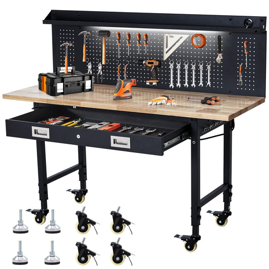 GarveeTech 60" Heavy-Duty Adjustable Workbench with 2 Drawers & Pegboard - 2000LBS Capacity, 4 Rolling Wheels, Rubber Wood Tabletop for Garage, Workshop, Home Office, Black
