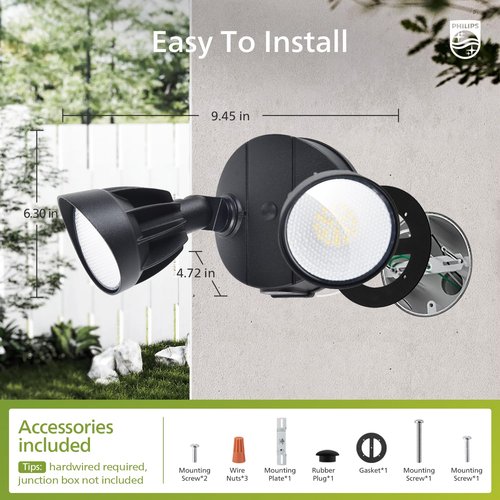 Philips 44W 3500LM ‌LED Security Flood Light‌ ‌Outdoor‌，Switch Controlled Aluminum ‌Security Light‌, 2 Adjustable Heads，5000K Daylight，Wet Location for Patio, Garden, Yard Lights