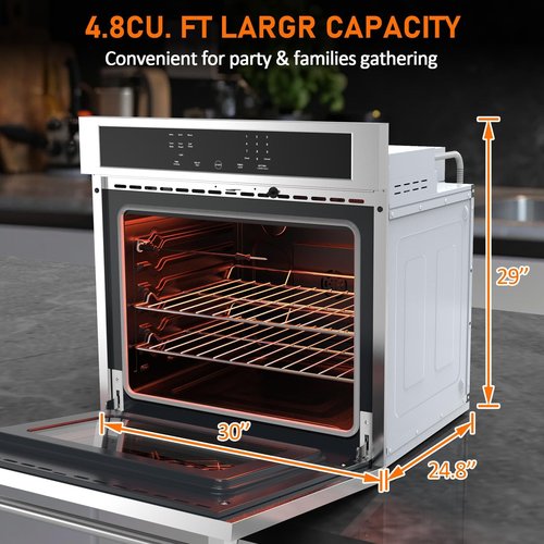 GustoWave 30 Inch Wall Oven Single Wall Ovens, 4.8 Cu. Ft. Electric Built-In Convection Oven, 3800W Broil Bake Roast Function Range, Touch Control, LED Display, Timer, Safety Lock