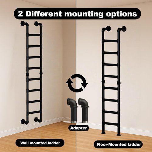 8-Rung Wall Mounted Ladder, Heavy-Duty Metal 8FT Egress Window & Loft Ladder for Basement, Attic Bunk Bed, Fire Escape - 355LBS Load, Matte Black