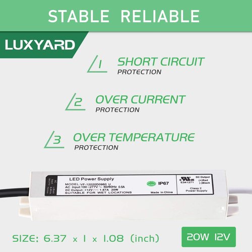 LUXYARD UL Certified LED Driver 12v 20W Waterproof IP67 Small Class 2 LED Power Supply Transformer 100V-277V AC to 12V DC Low Voltage Output for LED Light Outside (20W-12V)