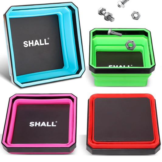 SHALL New Version Collapsible Magnetic Parts Tray Set, 4-Pack Magnetic Tool Trays for Screw Bolts Nuts Washers Pins & Small Metal Parts, 4.5” Square Silicone Foldable Bowls w/Dual-Sided Magnetic Base
