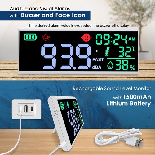 JuviPerpric 13 Inch Decibel Meter - Wall Hanging Sound Level Meter with Large LED Display, Noise, Temperature, Humidity, Time Monitor for Classroom
