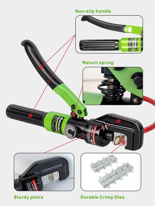 AMZCNC 10 Tons Hydraulic Wire Battery Cable Lug Terminal Crimper Crimping Tool With 9 Pairs of Dies,1/8” Wire Rope Crimping Tool