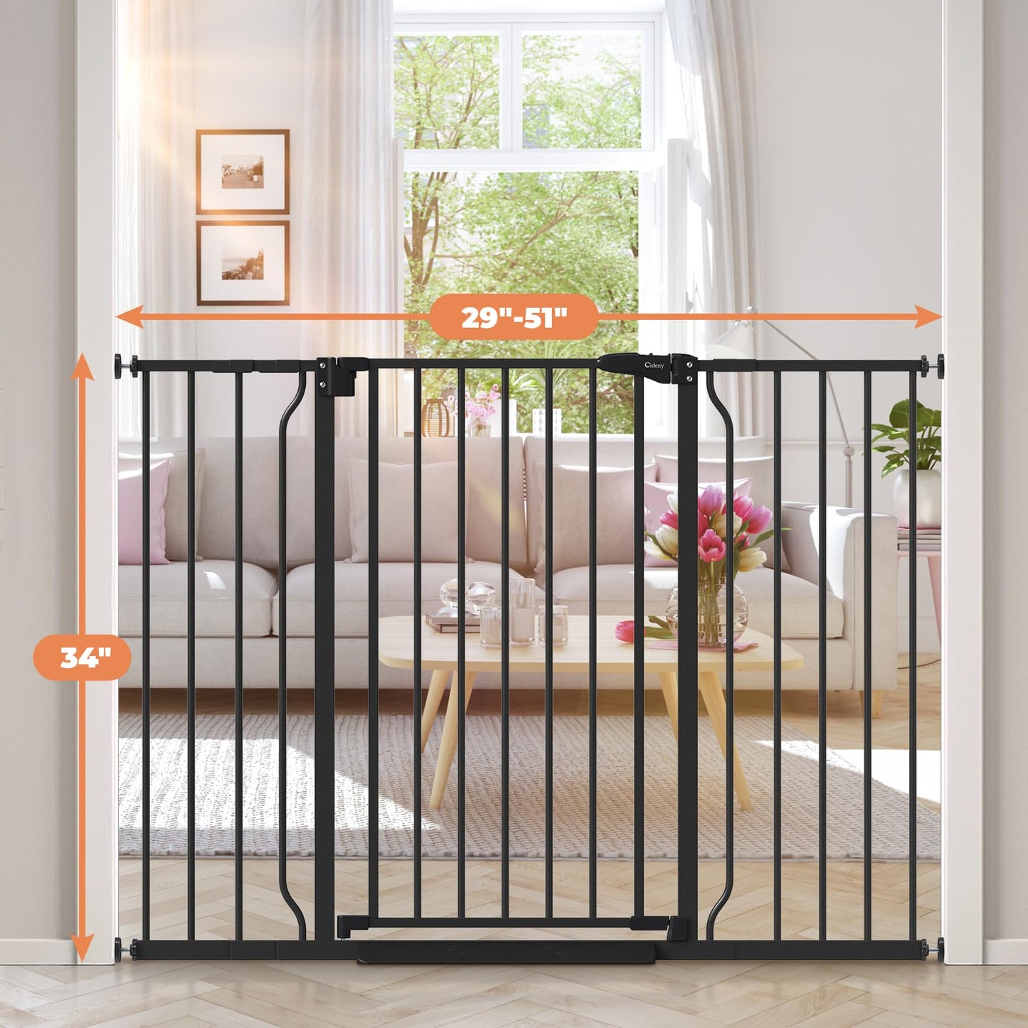 Cideny 34" Extra Tall Baby Gate for Stairs, Auto Close Stroller Friendly Dog Gate Indoor for Doorways, Pressure Mounted 29"-51" Wide Baby Gate, Easy Walk Through Gate for Children & Pets, Black