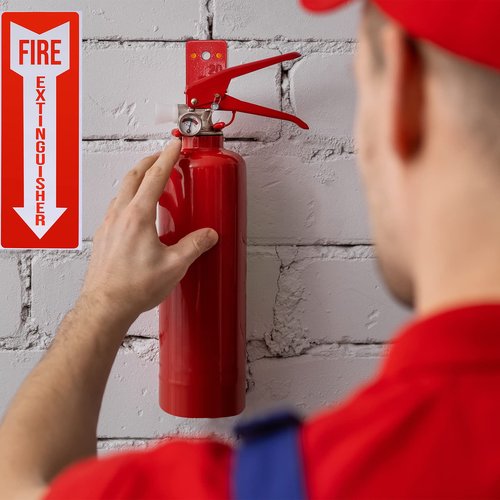2 Pack Fire Extinguisher Holder and 4 Pieces Fire Extinguisher Sign Sticker, 20lb Fire Extinguisher Wall Hook Mount Bracket for Big and Small Fire Extinguishers, Indoors and Outdoors