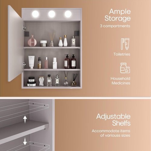 HAUSCHEN HOME 32x24 inch LED Medicine Cabinet Lighted Bathroom Mirror, Stepless Dimmable, 3000K/5500K Color Temperature Wall Mounted Makeup Mirror, Adjustable Shelf (Grey/Assembly Required)