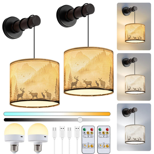 PEESIN Battery Wall Sconces Set of Two, Wall Sconces Battery Operated with Remote, Dimmable Cordless Wall Lamps, Rechargeable Wireless Sconce, Rustic Battery Wall Sconce for Living Room