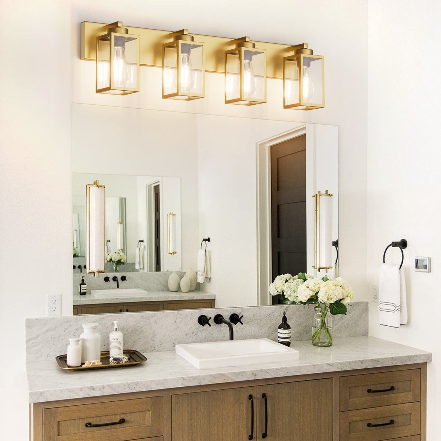 Aipsun Gold Bathroom Light Fixtures 4 Light Vanity Light Bathroom Farmhouse Lighting Fixtures Industrial Vanity Light (Exclude Bulb)
