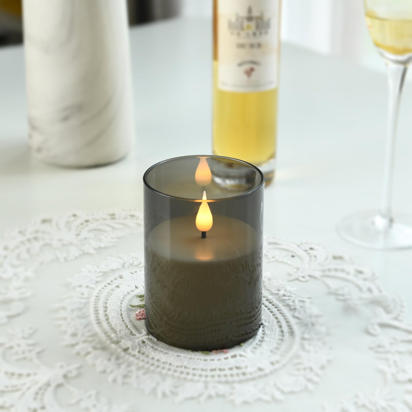 Guluto Flameless Flickering Candles, Non-breakable Battery Operated Candles, D 3" xH 4", Set of 2, Led Acrylic Grey Electric Pillars Candle with Remote and Timers for Wedding Party Romantic Decor