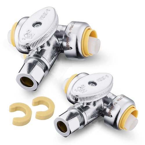 (Pack of 2) Seelink 1/4 Turn Stop Tee Compression Stop Valve, 1/2" Push Fit x 1/2" Push Fit x 3/8 Inch OD Compression, Chrome Plated Brass