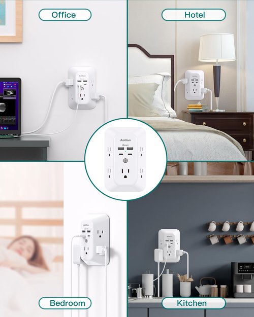 Surge Protector Outlet Extender - Addtam 5-Outlet Splitter with 4 USB Wall Charger(2 USB-C Ports), Multi Plug Outlet Power Strip for Home, Dorm Room Essentials