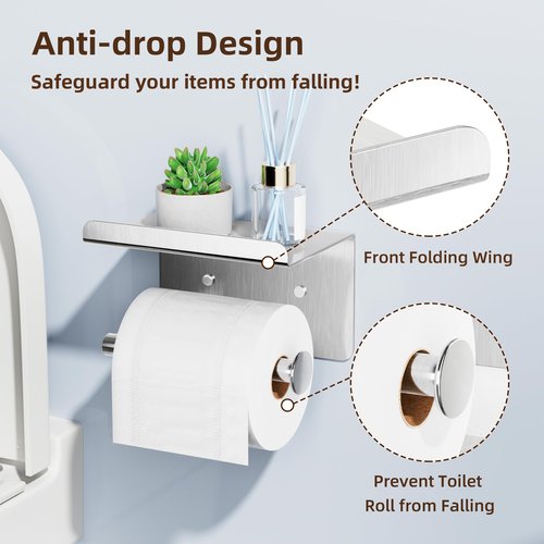 Self-Adhesive Toilet Paper Roll Holder - Wall Mount Or Adhesive Toilet Paper Holder with Shelf,Toilet Roll Holder, Tissue Holder for Bathroom,Wall Toilet Paper Holder, Stainless Steel,Chrome