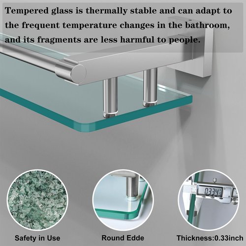 SFGSOWOR 20IN Glass Shelf for Bathroom Nickel Rectangular Stainless Steel Tempered Glass Modern Wall Mount Shelf Sink Over Toilet Bathroom Shelves (Brushed Nickel, 20‘’)