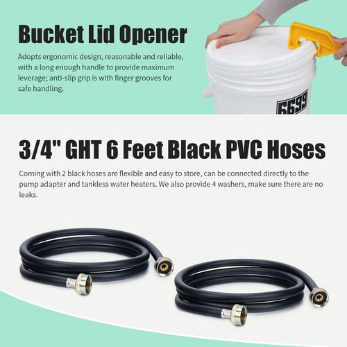 6699 Tankless Water Heater Descaling Flush Kit Includes Submersible Utility Pump with Adapters 3 Gallons Pail with Bucket Lid Opener and Two 3/4" GHT X 6FT PVC Black Hoses Easy Installation to Clean
