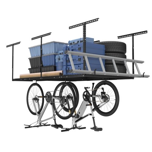 FLEXIMOUNTS 4x8 Overhead Metal Garage Storage Rack w/Hooks Adjustable Ceiling Storage Rack, 96" Length x 48" Width x 40" Height, 22''-40" Ceiling Dropdown, Black
