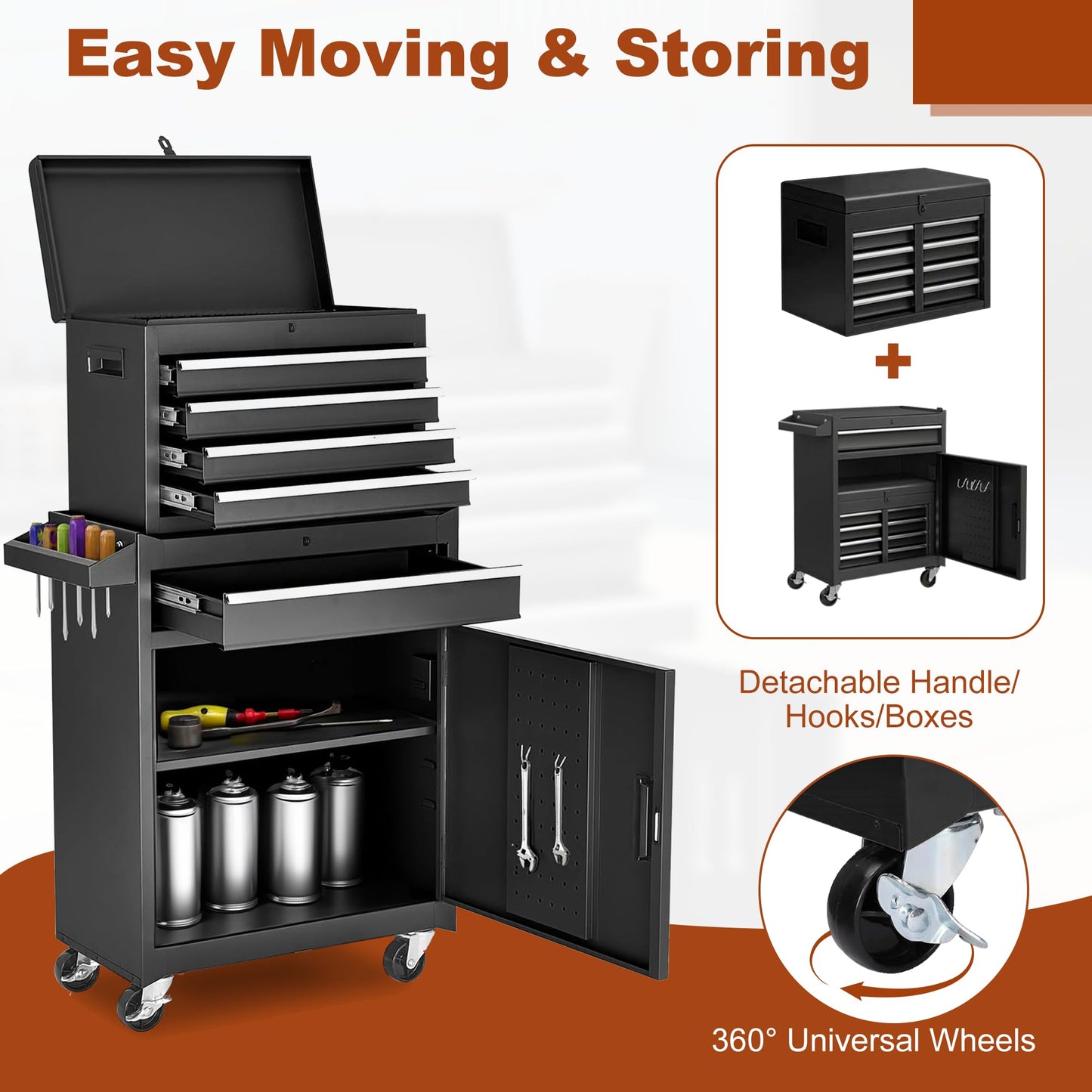Osparple Rolling Tool Chest 5 Drawers Tool Box Garage Storage Cabinet Steel Frame 2 in 1 Tool Cart with Universal Lockable Wheels, Detachable Top and Adjustable Shelf for Garage, Black